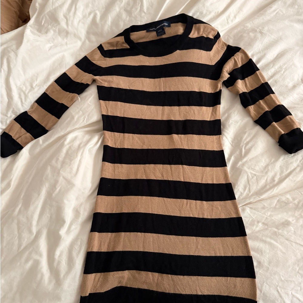 French Connection Black and Tan Striped Long Sleeve Dress